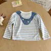 Camiseta de bufanda a rayas azul y blanco para bebé y niña Tongxingyuan, manga larga, nueva camiseta estilo marino para primavera y otoño 2026 para niñas