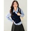 Moda Coreana de Otoño 2025 para el Trabajo Chaleco de Patchwork Holgado Adelgazante Camisa de Manga Larga con Solapa Falsa de Dos Piezas para Mujer