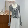 Nuevo top de punto francés de estilo suave para principios de otoño, con volantes, estilo ins, ajustado, de manga larga, capa base de invierno para mujer