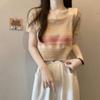 Suéter de punto con cuello cuadrado de color contrastante, manga corta, para mujer, nuevo de verano, corto, ajustado, adelgazante, todo lo combina, top para mujeres pequeñas