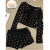 Pijama Feminino de Três Peças com Bojo, Fio de Seda Gelada com Laço, Alças Finas Sexy, Conjunto de Roupas para Casa Pura Luxúria, Pode Ser Usado Fora