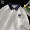 Camisa polo masculina de manga curta, solta, bordada, pesada, moderna, para adolescentes, estilo universitário, cor contrastante, meia manga