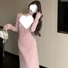 Atmosfera de puro desejo senso V-neck vestido feminino inverno cintura apertada manga longa vestido rosa francês estilo gentil temperamento vestido evasê