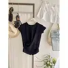 Suéter de punto a rayas estilo coreano casual para ir al trabajo, diseño de verano con botones laterales, efecto adelgazante cruzado en la cintura, dobladillo irregular