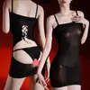 Top Tubo Bodycon Mini Falda Hueca con Cordones y Espalda Descubierta de Encaje, Medias Sexys, Lencería Brillante, Transparente y Reveladora