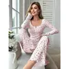 E-commerce Transfronteiriço Mais Vendido Popular Primavera e Outono Floral Decote V Borda Dobrada Roupa de Casa Feminina Conjunto de Duas Peças