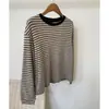 Camiseta Listrada Color Block Retrô Manga Longa Feminina Outono Nova Gola Redonda Solta Casual Macia Camada Interna Camisa Base Top