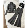 Conjunto de Suéter Cardigan Elegante de Alta Gama Estilo Coreano Gris Oscuro y Pantalones de Pierna Ancha para Mujer, un Conjunto de Ropa Muy Vendido