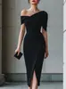Amazon 2026 Verano Transfronterizo Europeo y Americano Nuevo Color Sólido Hombros Descubiertos Elegante de Oficina Ceñido a la Cintura Vestido para Mujer