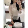 Enviado: Blusa de estilo coreano, suave, con cuello alto, volantes, bloques de color, lunares, transparente, multicapa para mujer, 19954