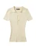 Chica Caliente Sexy Cuello Solapa Hueco Botón Manga Corta Tejido de Punto Verano Nuevo Elástico Ajustado Color Sólido Top Básico para Mujer