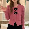 Outono e Inverno novo cardigã de malha de seda brilhante estilo coreano com laço gola redonda casaco suéter estilo Chanel suéter cardigã de manga longa