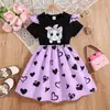 Ropa de Verano para Niños Vestido Dulce Manga Corta Negra Estampado de Dibujos Animados Patchwork Bloqueo de Color Rosa Negro Vestido de Línea A con Corazón