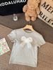Camiseta Bordada com Laço de Manga Curta para Mulheres Verão Gola Redonda Ombro Direito com Cinza Versátil Sexy Justa Top