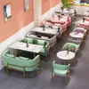 Cafetería de estilo nórdico, tienda de té de leche y postres de moda, bar lounge, asientos de sofá, restaurante informal, asientos en cabina, juego de mesa y silla para pasteles y bocadillos