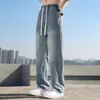 Pantalones Vaqueros de Seda Helada Transfronterizos para Hombre Azul Claro Holgados Lavados Pierna Recta Marca de Moda Cintura Elástica Adelgazantes Casuales Pantalones Largos