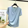 Camiseta de manga corta con cuello en V de modal para mujer, nueva de verano, pijama para casa, se puede usar como top fino, holgado, ajustado