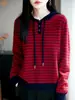 Otoño e Invierno 100% Lana Pura Tejido con Capucha para Mujer Holgado Casual Cordón Rayas Contraste Sudadera con Capucha