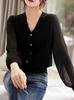 Suave Elegante Costura de Manga Cuello V Cuello Alto Prendas de Punto Otoño Nuevo Cuello Alto Estilo Francés Estilo Occidental Top Adelgazante para Mujer