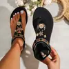 Nuevas~Nuevas sandalias planas casuales transpirables versátiles de verano para mujer talla grande estilo étnico bohemio con cuentas y punta redonda