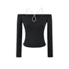Camiseta Sexy de Hombros Descubiertos con Cutout y Cuello Halter de Manga Larga, Nueva Camiseta Básica Ajustada de Primavera, Top Picante para Chica