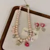 Dulce Collar de Perlas Barrocas, Colgante de Lazo de Corazón, Elegante Cadena para Clavícula, Exquisitos Aretes de Moda Juvenil