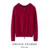 Cardigan com Capuz Tricotado 100% Caxemira Kang Sai Ni Feminino Zíper Duplo Casual Esportivo Casaco Suéter para o Dia a Dia