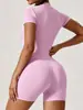Traje de Yoga de una Pieza con Cremallera y Mangas Cortas Ajustado de Verano para Mujer, Traje de una Pieza Ajustado Hecho a Medida para Danza, Fitness y Running