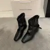 Botas de Salto Grosso Merade Marrom Meia-Canela para Mulheres 2026 Outono/Inverno Bico Quadrado Perna Skinny Botas de Cavaleiro