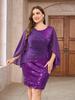 Vestido de talla grande europeo y americano comercio exterior nuevo para mujer cuello redondo chal de gasa lentejuelas falda ajustada fiesta de banquete