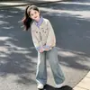 Sudadera con cuello de camisa para niña, estilo dos piezas falsas, nuevo conjunto de jeans para niños 2026, ropa elegante de primavera y otoño para niñas
