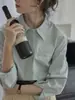Colección Primavera 2025 Camisa Holgada de Color Sólido Estilo Coreano Blusa para Mujer Top Texturizado de Corte Recto con Cuello de Solapa Manga Larga Corte Holgado
