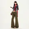 Jeans flare feminino transfronteiriço 2026, estilo retrô americano, fluido, comprimento até o chão, modelagem solta, calças compridas cáqui, calças compridas marrons e cor de café