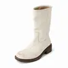 Botas Femininas de Couro Bovino de Primeira Camada Cor Lavada Botas de Motocicleta de Couro Genuíno Envelhecido Outono/Inverno Novas Bico Redondo Salto Médio Botas de Puxar Meio da Panturrilha Botas Femininas