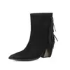 Modelo de comercio exterior sitio web independiente otoño e invierno talla grande tacón alto grueso botines punta fina flecos botas estilo western para mujer