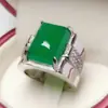 Dominante anillo cuadrado para hombre de calcedonia verde emperador, anillo de ágata verde, ajustable, retro, anillo de jade verde