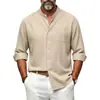 Camisa Larga Casual para Hombre 2026 Transfronteriza de Algodón y Lino con Cuello Alto, Bolsillo en el Pecho, Mangas Enrollables Ajustables