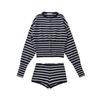 Nuevo Estilo Otoño Moda Retro Francesa Rayas Ajuste de Cintura Chaqueta Cardigan Tejida Conjunto de Shorts de Encaje para Mujer
