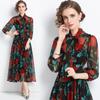 ¿Vestido de primavera para mujer nuevo 2022, vestido largo estampado de gasa de manga larga con cuello de lazo retro? Comercio exterior
