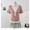 Suéter de Punto Dulce con Encaje, Cuello en V, Color en Contraste, Manga Corta, para Mujer, Verano, Nuevo, Reductor de Edad, Lazo, Adelgazante