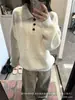 Polo Retro Americano Gola Lapela Tricô Off-White Feminino Outono e Inverno Estilo Preguiçoso Solto Suéter Tricô Grosso Top
