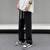 Calça Jeans Masculina Reta com Cordão Preto Outono Streetwear Americano Perna Larga Solta Casual Versátil Caimento Longa até o Chão