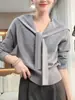 Tejido de punto tipo chal con cuello gris marino para mujer Diseño Otoño 2025 Top de estilo corto