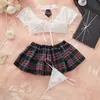 Comercio Exterior de Amazon Lencería Sexy para Mujer Falda de Encaje Transparente de Cuadros Tentación Tanga Lazo Conjunto de Cuatro Piezas