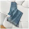 Jeans de Campana Bordados Retro para Mujer, Nuevo Estilo Primavera/Verano, Tallas Grandes, Cintura Alta, Diseño Adelgazante, Pantalones Acampanados Cortos
