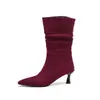 Botas de gamuza plisadas de punta alta con tacón alto hasta la pantorrilla, tacones de aguja elegantes, botas de otoño e invierno para mujer de talla grande, dropshipping transfronterizo