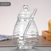 Frasco de miel de vidrio transparente de borosilicato para el hogar con tapa, varilla agitadora de vidrio, botella de miel, frasco de almacenamiento hermético de vidrio