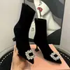 Botines elásticos elegantes de tacón alto para mujer, ajustados, de punta cuadrada negra con hebillas cuadradas de pedrería, botines de moda para mujer, súper estilosos