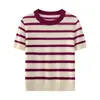 Top de Malha Listrado Color-Block Manga Curta Estilo Old Money para Mulheres, Novo Design Solto Primavera/Verão 2026 Camisa de Meia-Manga Nicho