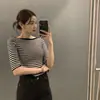 Chic Coreano 2026 Principios de Otoño Nuevo Suéter de Punto Rayado Color Block Estilo Francés Suave de Manga Corta para Mujer